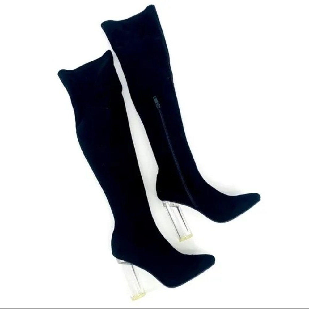Knee High Suede Heeled Boots With Clear Heels